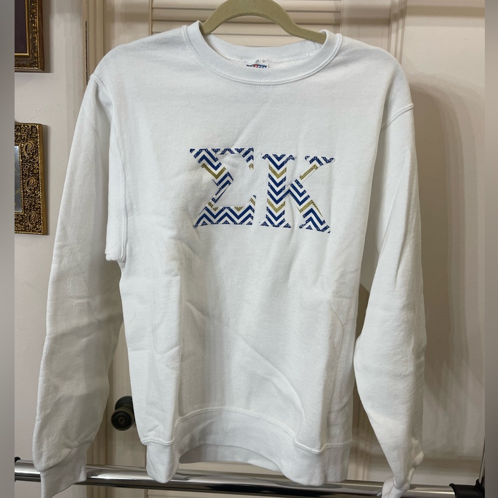 Sigma Kappa (SK) custom embroidered sweatshirt (white with blue & gold pattern)